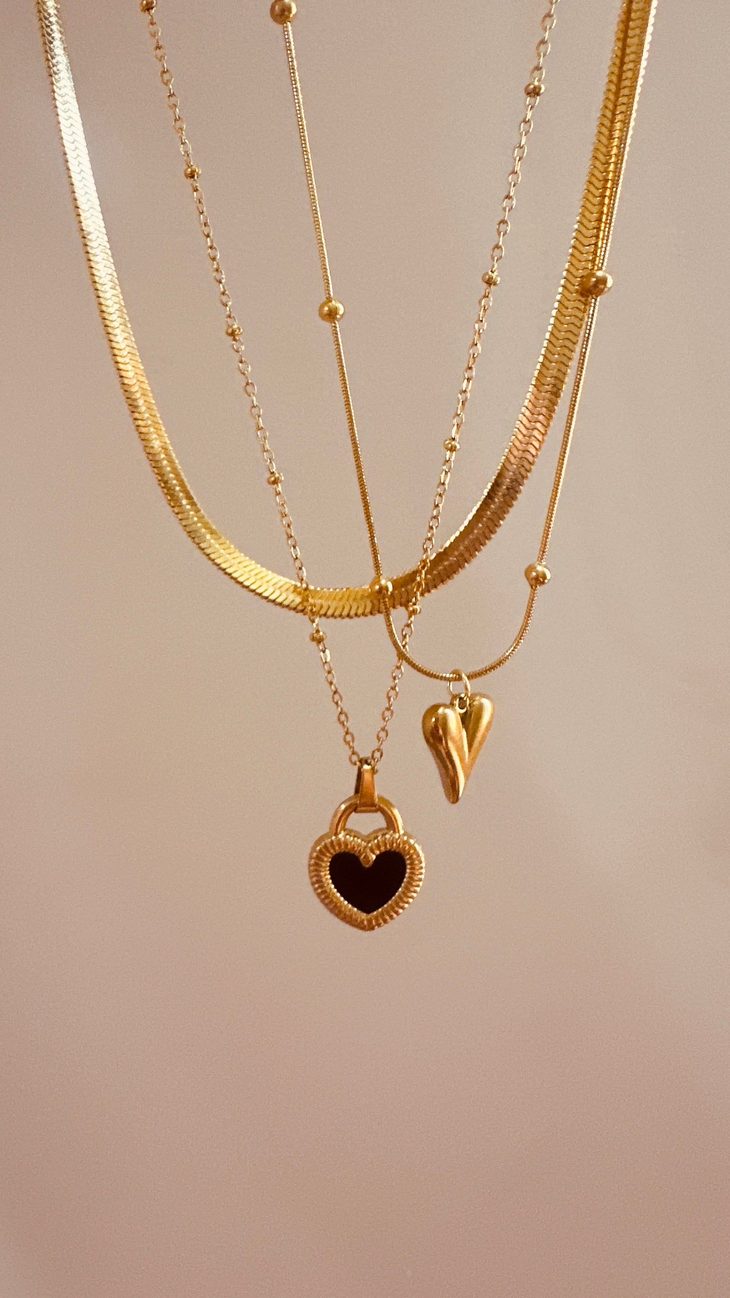 Triple Layered Necklace Set – Gold Heart, Snake Chain & Double-Sided Heart