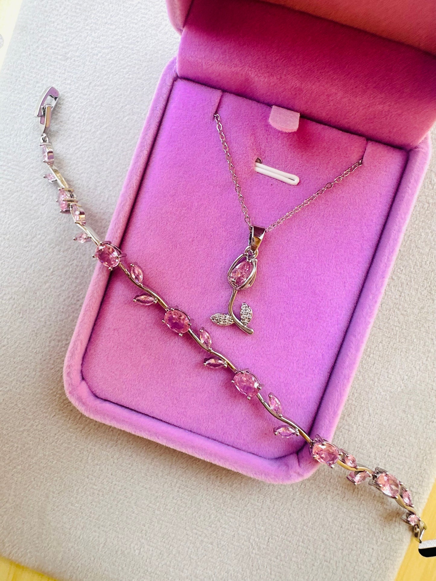 Pink Tulip Necklace & Bracelet Set