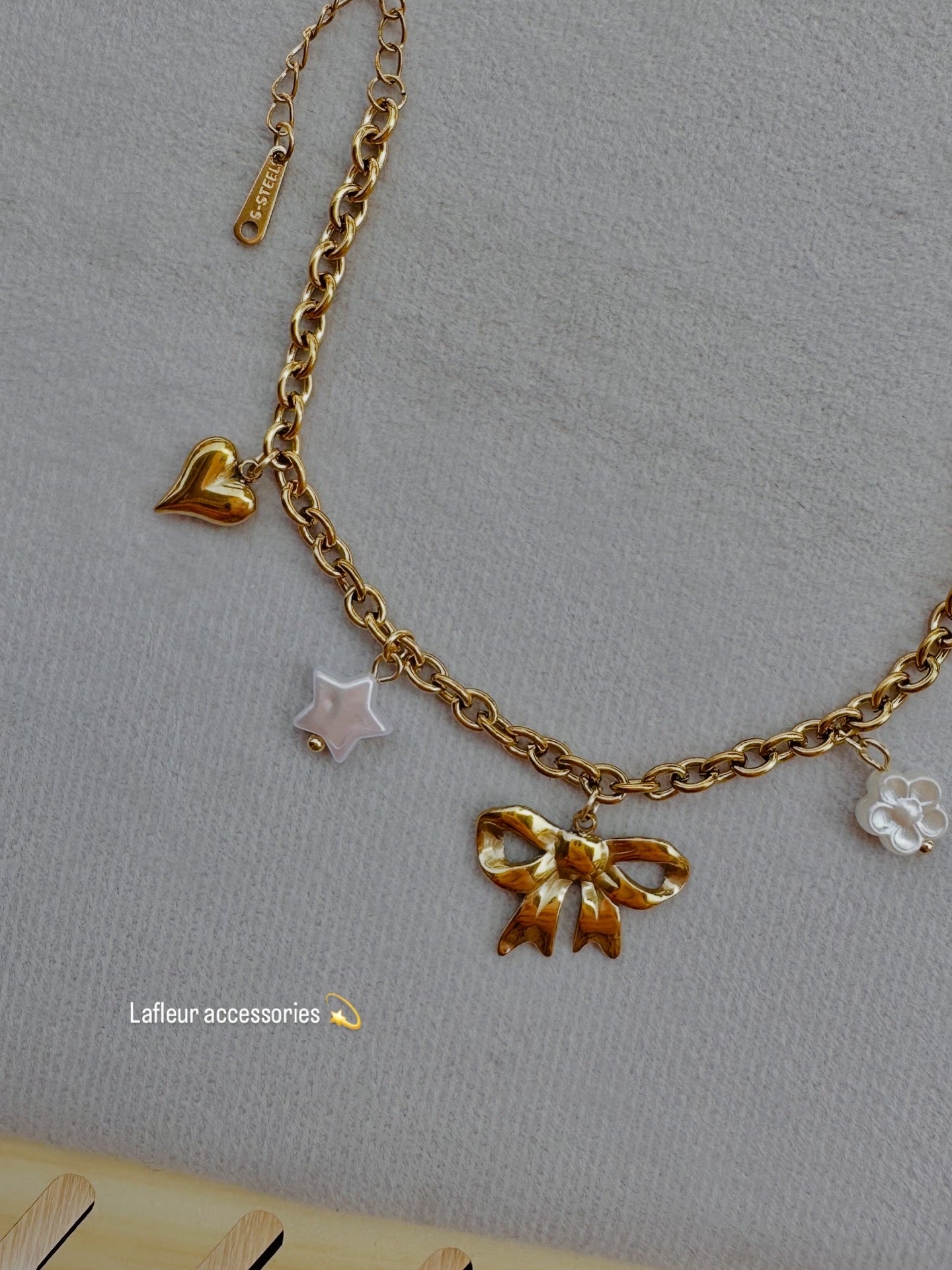 Bow Gold Bracelet with Flower & Heart Charms