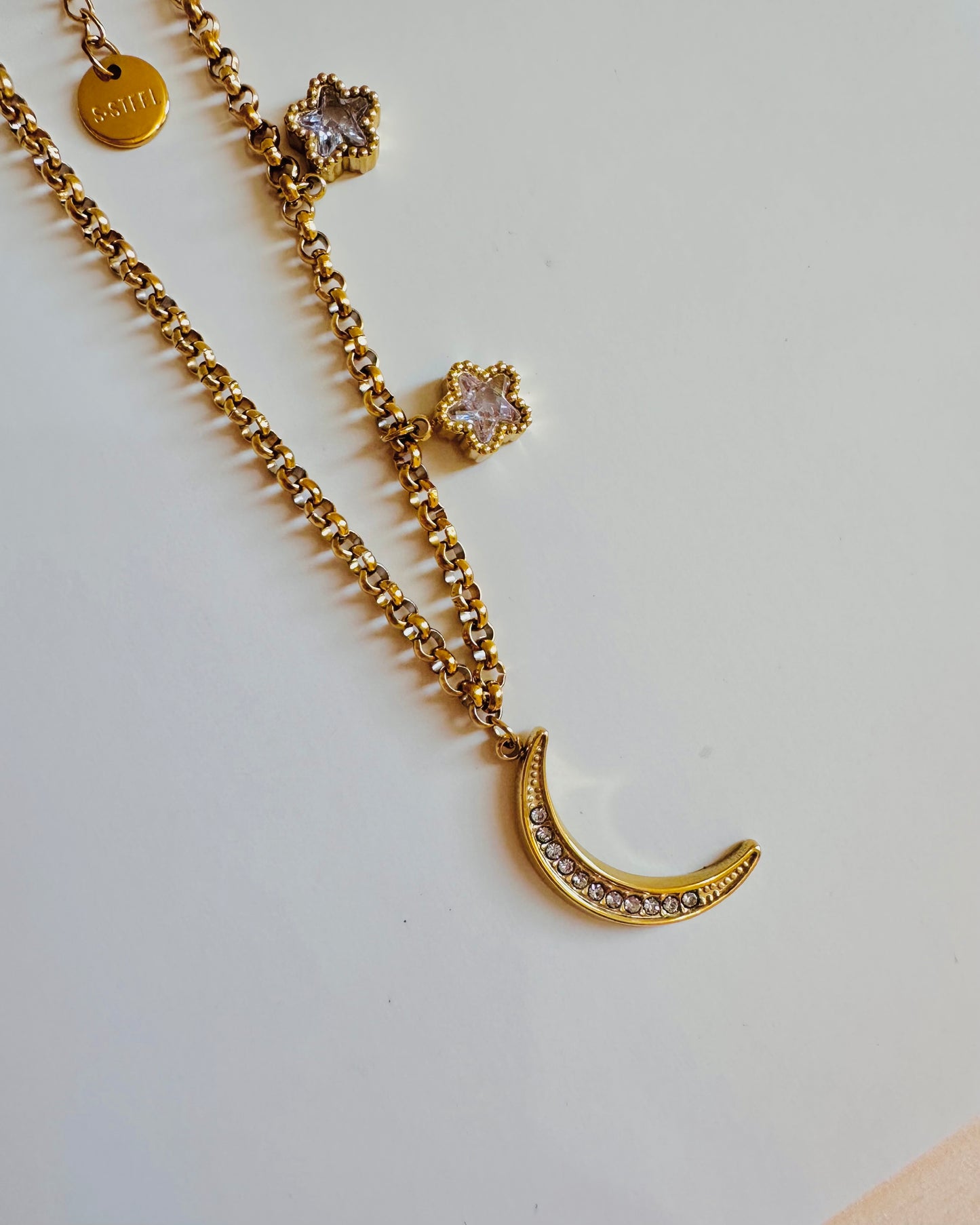 Moon & Floral Crystal Necklace – Stainless Steel