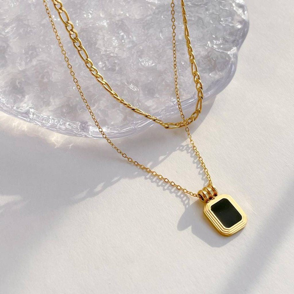 Gold Layered Necklace Set with Black Stone