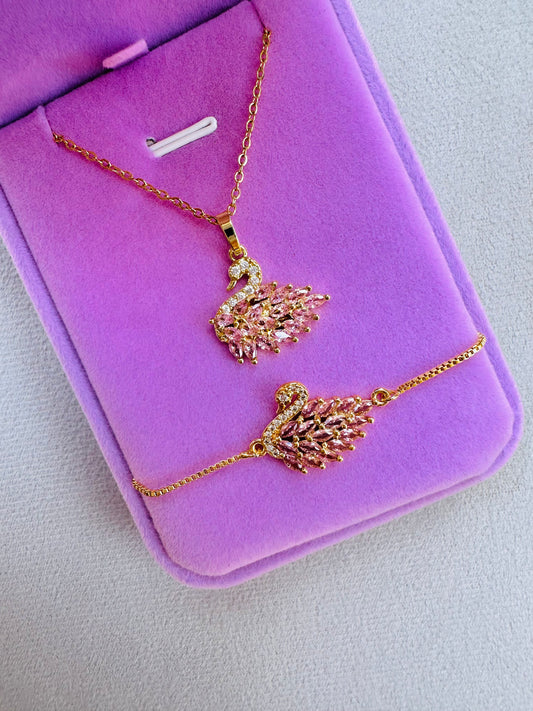 Pink Swan Necklace & Bracelet Set