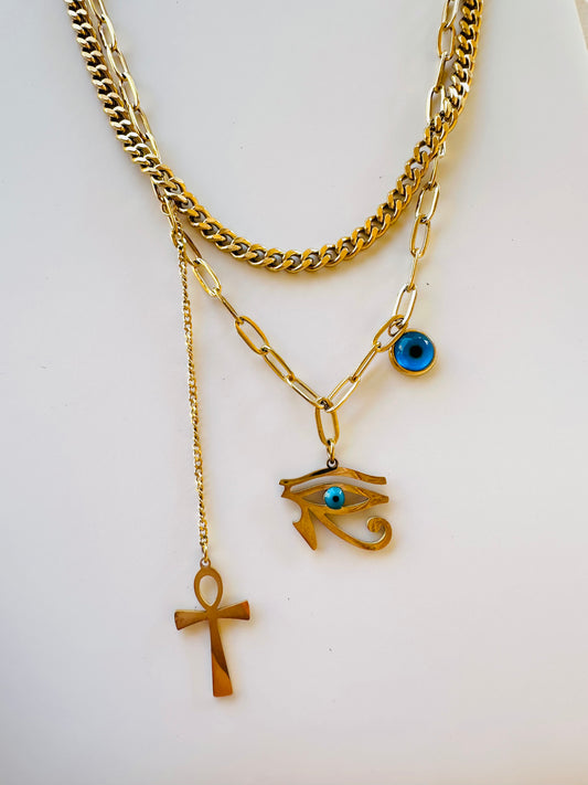 Blue Evil Eye & Ankh Pendant Necklace