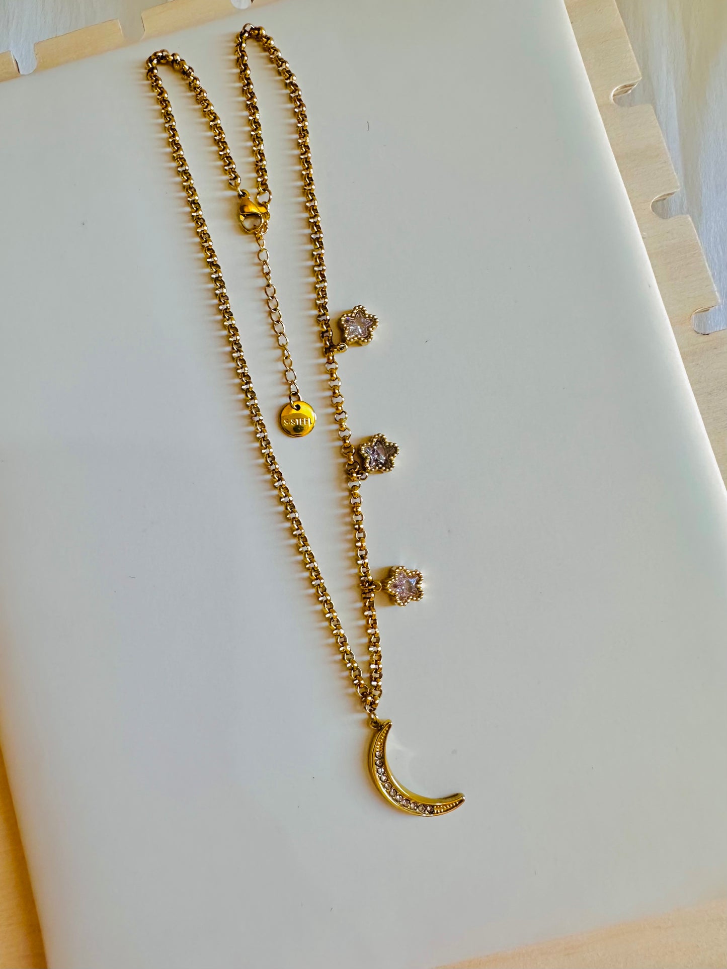 Moon & Floral Crystal Necklace – Stainless Steel