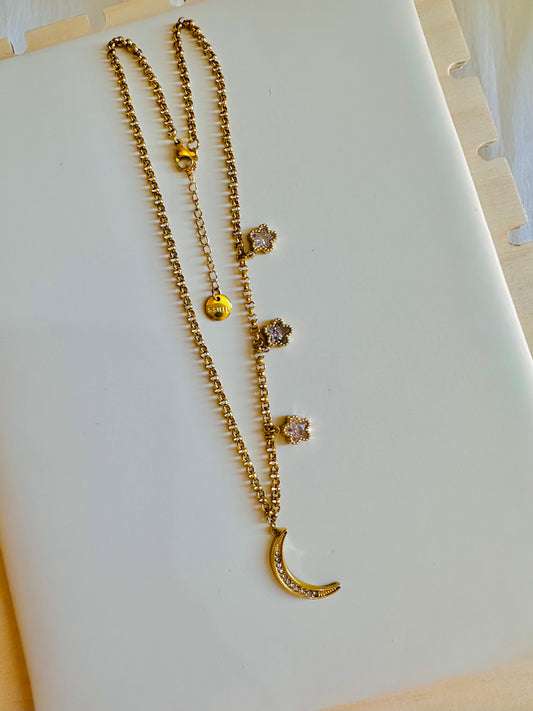 Moon & Floral Crystal Necklace – Stainless Steel