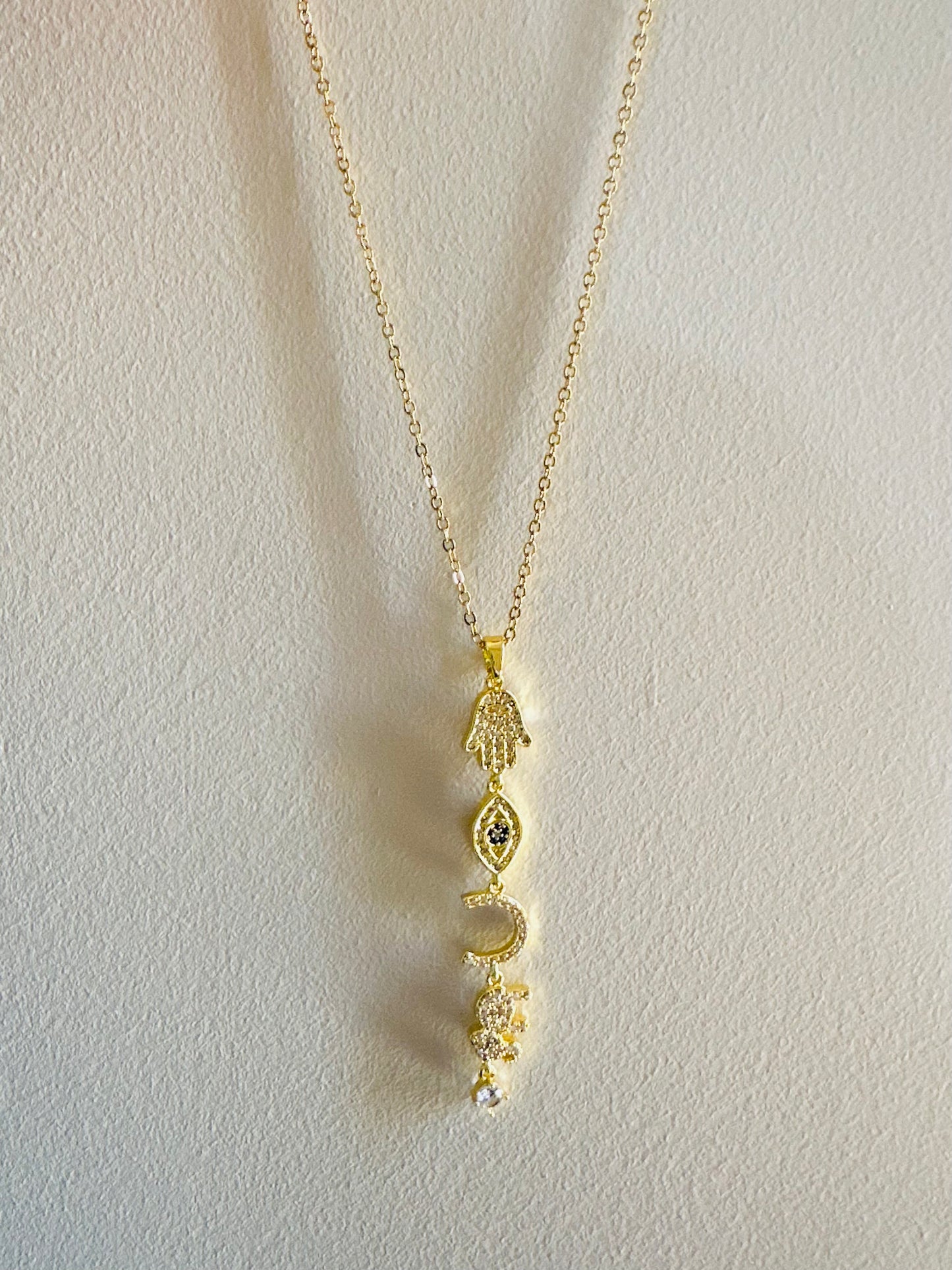 Hamsa & Sun Charm Necklace – Crystal Gold Plated