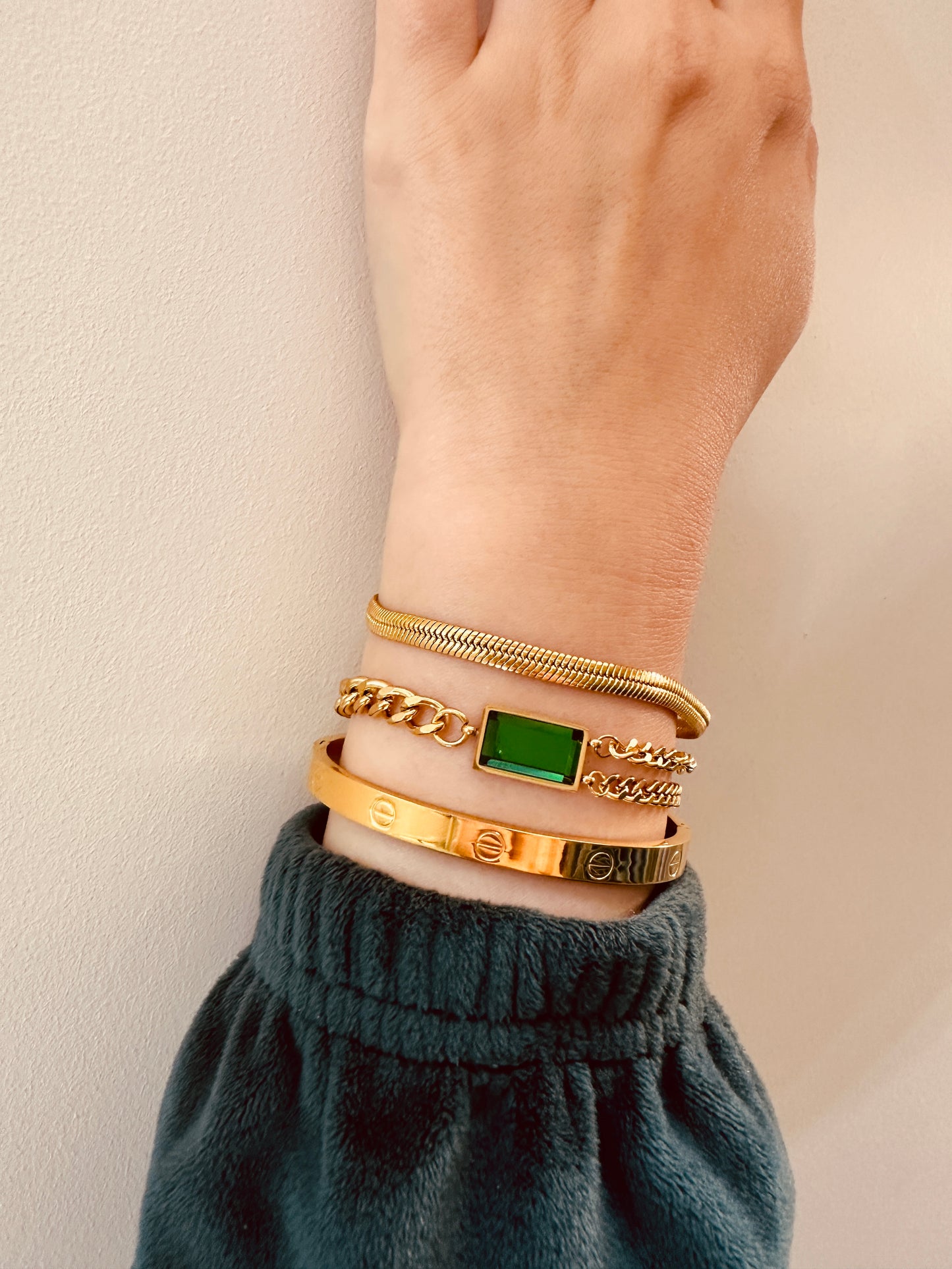 3-Piece Bracelet Set – Snake Chain, Green Stone & Cartier Style