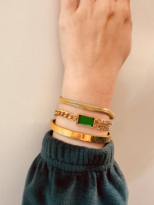 3-Piece Bracelet Set – Snake Chain, Green Stone & Cartier Style