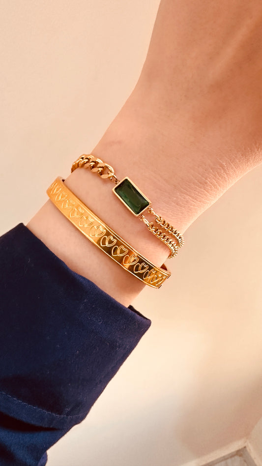 Green Stone Bracelet with Heart Bangle Set