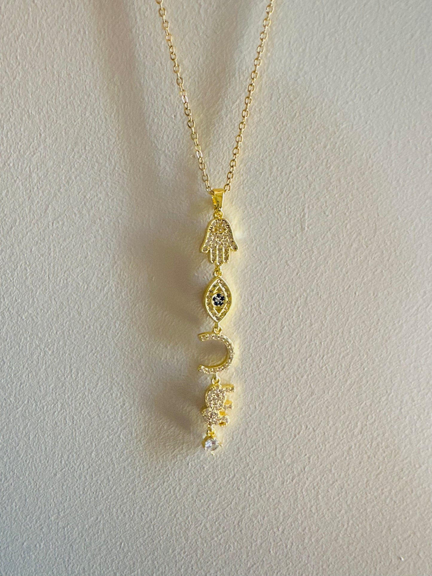 Hamsa & Sun Charm Necklace – Crystal Gold Plated