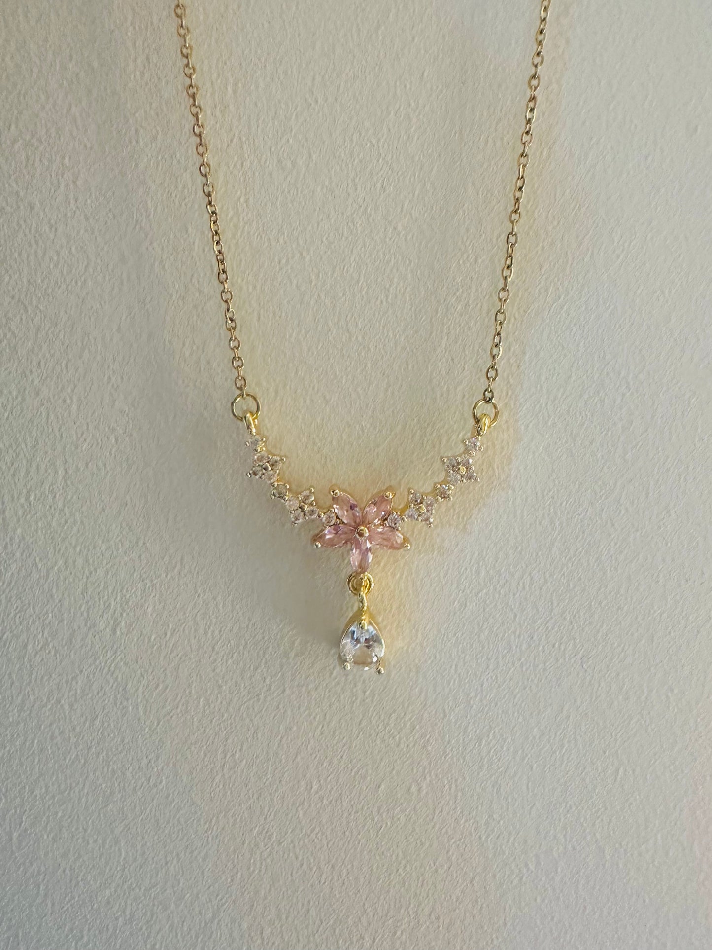 Pink Flower Crystal Necklace – Gold Plated