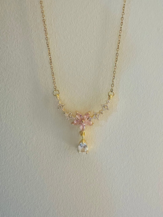 Pink Flower Crystal Necklace – Gold Plated