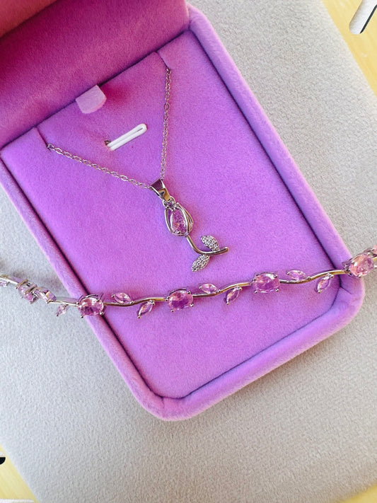 Pink Tulip Necklace & Bracelet Set