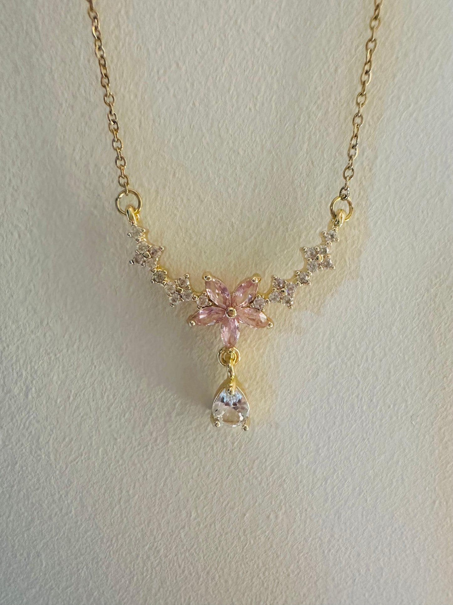 Pink Flower Crystal Necklace – Gold Plated