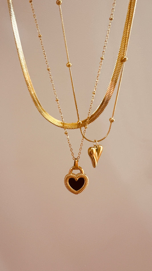 Triple Layered Necklace Set – Gold Heart, Snake Chain & Double-Sided Heart