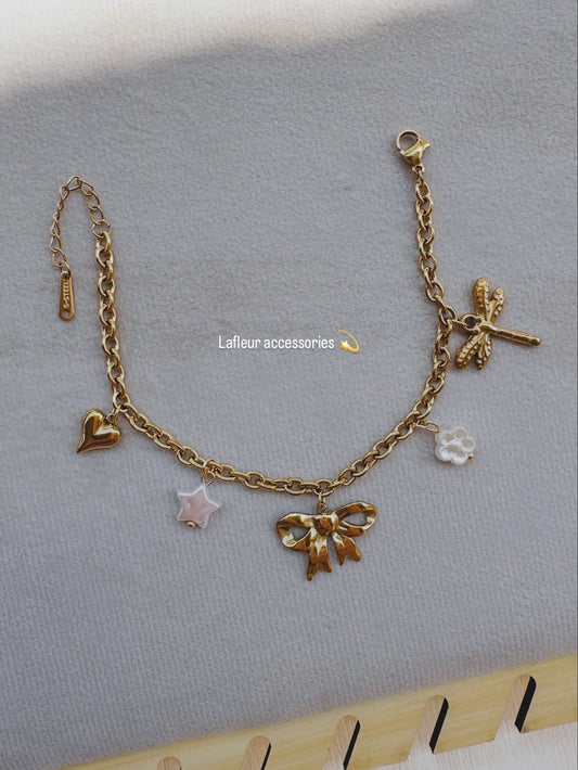 Bow Gold Bracelet with Flower & Heart Charms