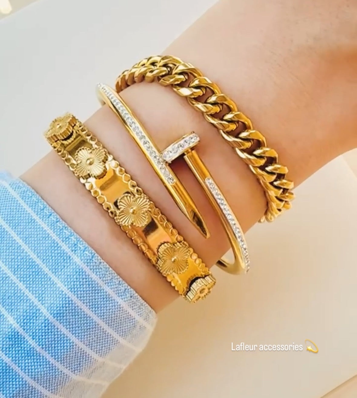 Elegant 3-Piece Gold Set | Bracelet, Crystal Studs & Van Cleef Bangle
