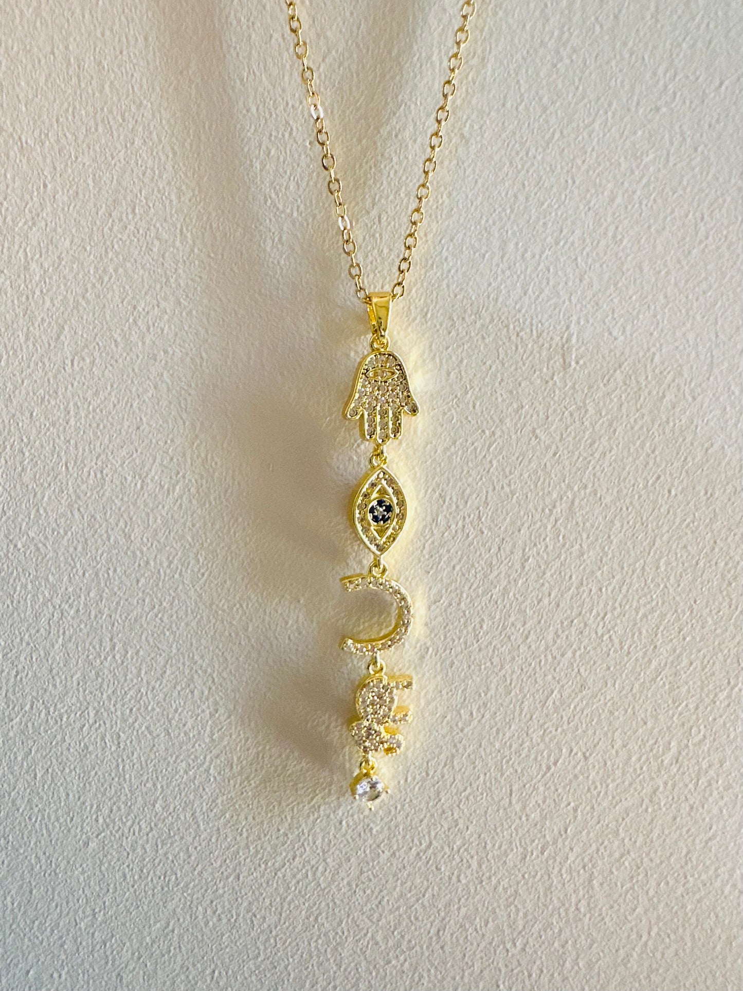 Hamsa & Sun Charm Necklace – Crystal Gold Plated