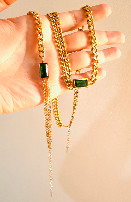 Green Stone Necklace & Bracelet Set – Stainless Steel