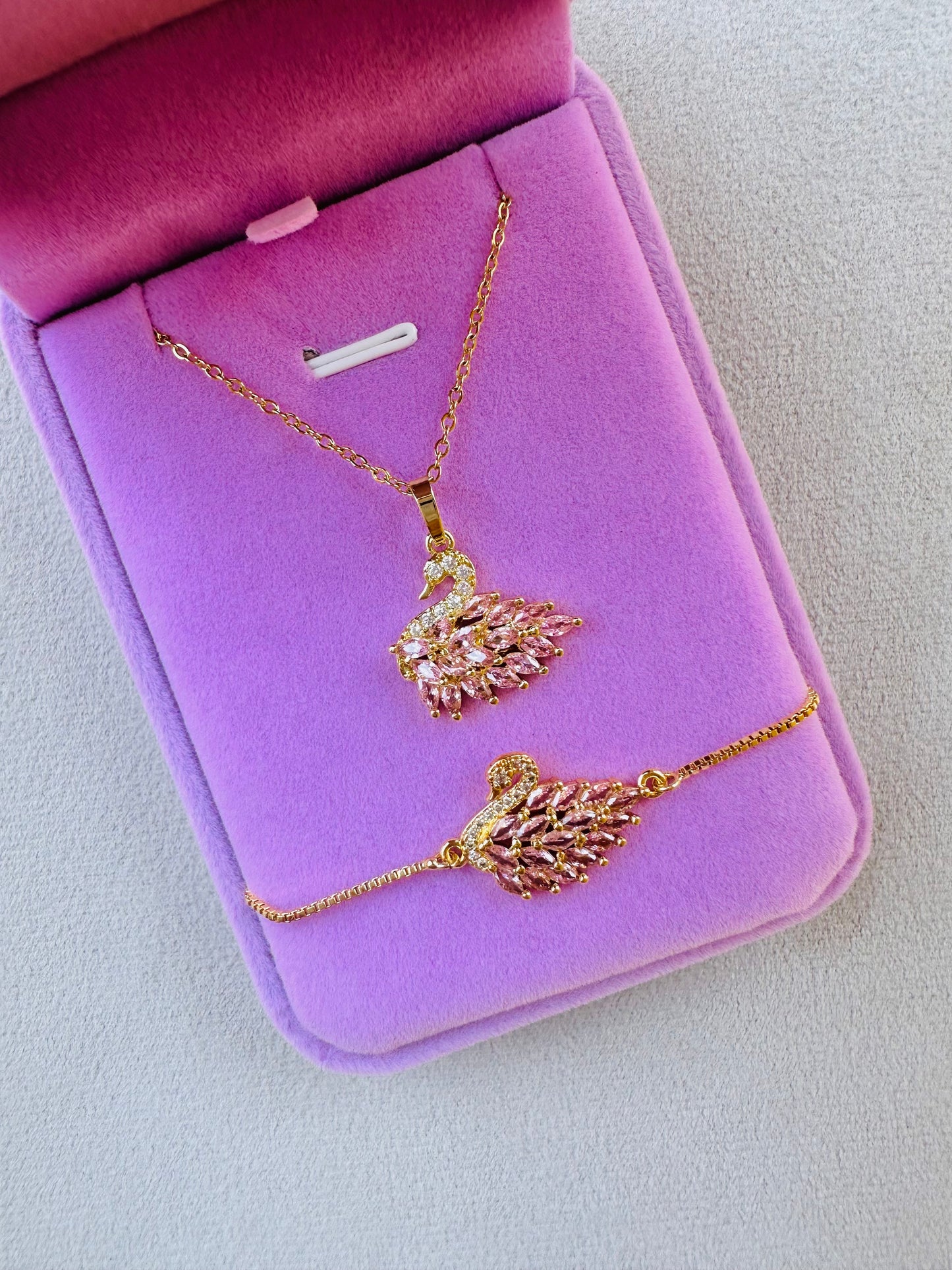 Pink Swan Necklace & Bracelet Set