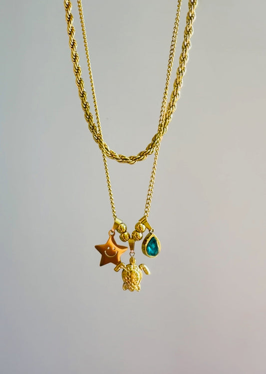 Gold Layered Necklace with Green Stone & Stars ✨
