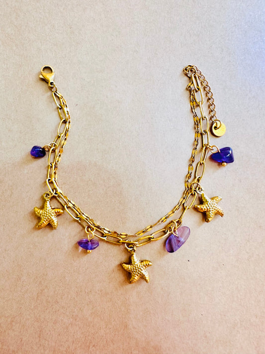 Purple Stone Bracelet with Gold Stars – Stainless Steel
