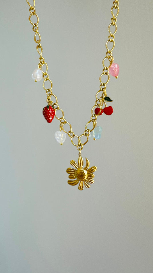 Gold Rose Pendant Necklace with Colorful Accents