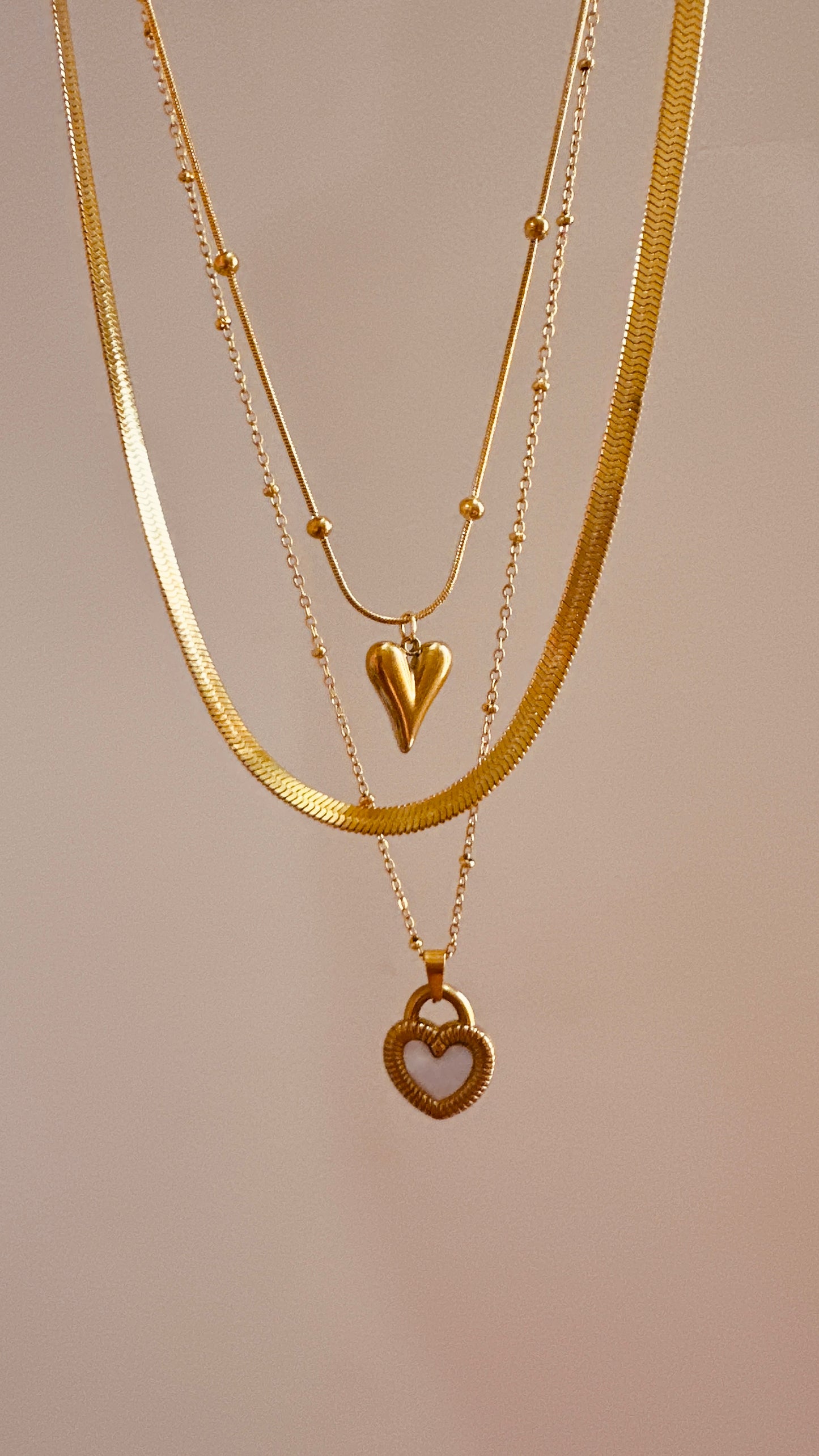 Triple Layered Necklace Set – Gold Heart, Snake Chain & Double-Sided Heart